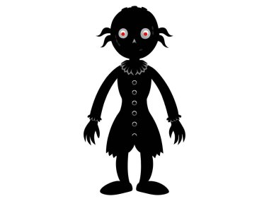 Eski püskü elbiseli, korkunç perili bir bebeğin siyah silueti. Ürkütücü karakter anlayışı, Cadılar Bayramı dekorasyonu, ürkütücü oyuncaklar ve minimalist çizimler. Yazdır, simge, tasarım ögesi.