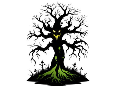 Kaygı verici bir yüzü ve beyaz bir arka planda izole edilmiş tüyler ürpertici kökleri olan ürkütücü bir ağacın siyah silüeti. Cadılar Bayramı kavramı, perili ağaç, korku, perili orman, şeytani doğa. Yazdırma, sanat, illüstrasyon.