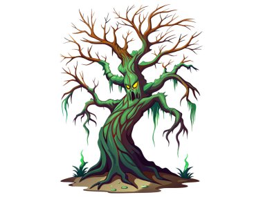 Uğursuz bir yüzü ve beyaz arka planda izole edilmiş tüyler ürpertici kökleri olan ürkütücü perili bir ağaç. Cadılar Bayramı kavramı, korku, perili orman, şeytani doğa. Yazdırma, sanat, illüstrasyon.