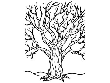 Beyaz arka planda izole edilmiş siyah bir ağacın çizgisi. Doğa tasviri kavramı, minimalist stil, yapraksız tasarım, sanatsal ağaç. Yazdır, simge, tasarım ögesi.