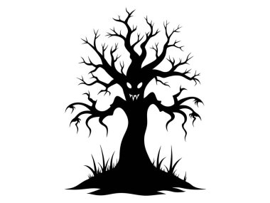 Kaygı verici bir yüzü ve beyaz bir arka planda izole edilmiş tüyler ürpertici kökleri olan ürkütücü bir ağacın siyah silüeti. Cadılar Bayramı kavramı, perili ağaç, korku, perili orman, şeytani doğa. Yazdırma, sanat, illüstrasyon.