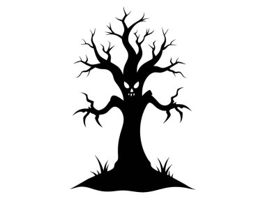 Kaygı verici bir yüzü ve beyaz bir arka planda izole edilmiş tüyler ürpertici kökleri olan ürkütücü bir ağacın siyah silüeti. Cadılar Bayramı kavramı, perili ağaç, korku, perili orman, şeytani doğa. Yazdırma, sanat, illüstrasyon.