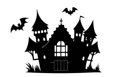 Beyaz arka planda izole edilmiş yarasaları olan perili bir şatonun siyah silueti. Ürkütücü dekorasyon, perili ev, minimalist tarz, Cadılar Bayramı tasarımı. Yazdır, simge, sanat ögesi.
