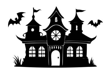Beyaz arka planda izole edilmiş yarasaları olan perili bir şatonun siyah silueti. Ürkütücü dekorasyon, perili ev, minimalist tarz, Cadılar Bayramı tasarımı. Yazdır, simge, sanat ögesi.