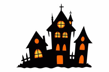 Perili bir evin siyah silueti. Beyaz arka planda parlayan pencereler var. Cadılar Bayramı konsepti, ürkütücü malikane, hayalet evi, minimalist tarz. Yazdırma, tasarım ögesi, resimleme.