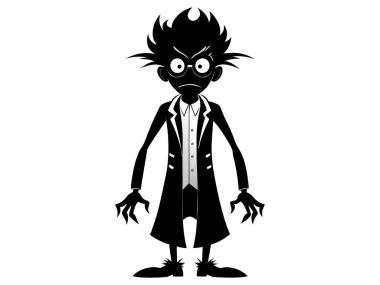 Siyah siluet beyaz arka planda izole edilmiş eksantrik çılgın bilim adamına ait. Çılgın profesör kavramı, çılgın dahi, minimalist karakter, Cadılar Bayramı. Yazdırma, tasarım ögesi, resimleme.