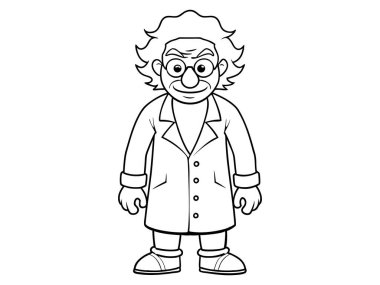 Beyaz arka planda izole edilmiş laboratuvar önlüklü çılgın bilim adamının çizgi film ana hatları. Çılgın profesör kavramı, çılgın dahi, Cadılar Bayramı karakteri. Yazdır, tasarım ögesi.