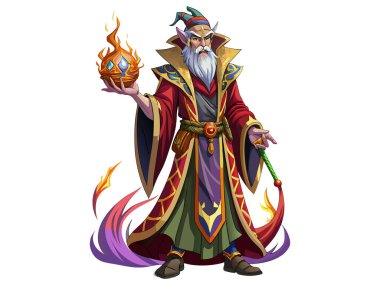 Çizgi film sihirbazı çizimi beyaz bir arkaplanda izole edildi. Fantezi karakteri kavramı, sihir, mistik figür, ortaçağ büyücüsü. Yazdır, simge, tasarım ögesi.