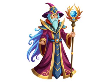 Çizgi film sihirbazı çizimi beyaz bir arkaplanda izole edildi. Fantezi karakteri kavramı, sihir, mistik figür, ortaçağ büyücüsü. Yazdır, simge, tasarım ögesi.