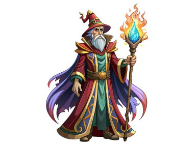 Çizgi film sihirbazı çizimi beyaz bir arkaplanda izole edildi. Fantezi karakteri kavramı, sihir, mistik figür, ortaçağ büyücüsü. Yazdır, simge, tasarım ögesi.