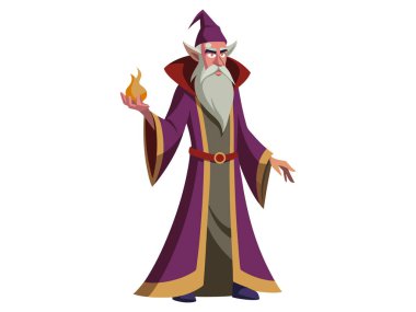 Çizgi film sihirbazı çizimi beyaz bir arkaplanda izole edildi. Fantezi karakteri kavramı, sihir, mistik figür, ortaçağ büyücüsü. Yazdır, simge, tasarım ögesi.