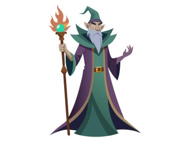 Çizgi film sihirbazı çizimi beyaz bir arkaplanda izole edildi. Fantezi karakteri kavramı, sihir, mistik figür, ortaçağ büyücüsü. Yazdır, simge, tasarım ögesi.