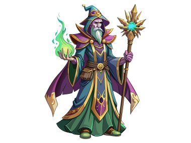 Çizgi film sihirbazı çizimi beyaz bir arkaplanda izole edildi. Fantezi karakteri kavramı, sihir, mistik figür, ortaçağ büyücüsü. Yazdır, simge, tasarım ögesi.