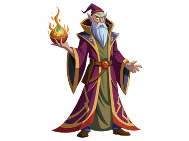 Çizgi film sihirbazı çizimi beyaz bir arkaplanda izole edildi. Fantezi karakteri kavramı, sihir, mistik figür, ortaçağ büyücüsü. Yazdır, simge, tasarım ögesi.