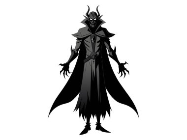 Beyaz arka planda izole edilmiş tehditkar bir vampirin siyah silueti. Korku kavramı, Gotik kötü adam, karanlık fantezi, minimalist tarz. Yazdır, Tasarım ögesi.