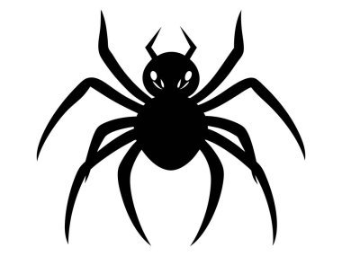 Beyaz arka planda izole edilmiş bir çizgi film örümceğinin siyah silueti. Eklembacaklı illüstrasyon, ürkütücü böcek, oyuncu canavar, minimalist stil, tasarım unsuru, baskı kavramı. Cadılar Bayramı. Sanat