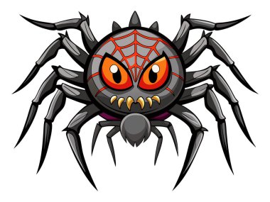 Beyaz arka planda izole edilmiş çizgi film ürpertici örümcek. Cadılar Bayramı kavramı, eklembacaklı, ürkütücü yaratık, korkunç canavar, renkli böcek. Yazdırma, tasarım ögesi, resimleme.
