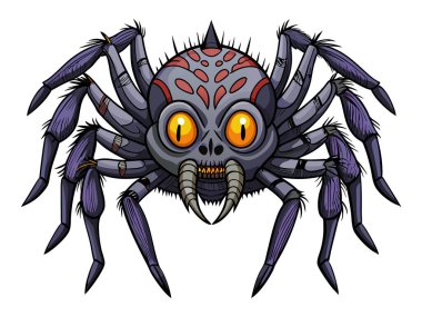 Beyaz arka planda izole edilmiş çizgi film ürpertici örümcek. Cadılar Bayramı kavramı, eklembacaklı, ürkütücü yaratık, korkunç canavar, renkli böcek. Yazdırma, tasarım ögesi, resimleme.