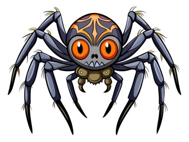 Beyaz arka planda izole edilmiş çizgi film ürpertici örümcek. Cadılar Bayramı kavramı, eklembacaklı, ürkütücü yaratık, korkunç canavar, renkli böcek. Yazdırma, tasarım ögesi, resimleme.
