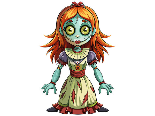 Cartoon scary haunted doll with big eyes in a dress isolated on a white background. Concept of spooky character, Halloween decoration, creepy toy. horror design. Print, icon, design element.