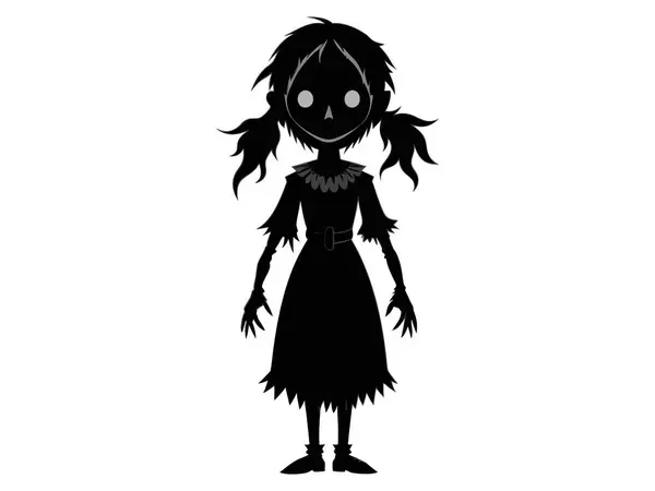 stock vector Black silhouette of a scary haunted doll in tattered dress. Concept of spooky character, Halloween decoration, creepy toy, and minimalist illustration. Print, icon, design element.