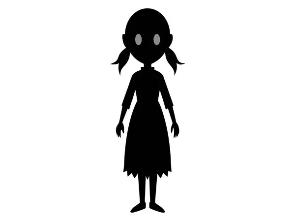 stock vector Black silhouette of a scary haunted doll in tattered dress. Concept of spooky character, Halloween decoration, creepy toy, and minimalist illustration. Print, icon, design element.