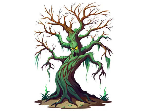 Uğursuz bir yüzü ve beyaz arka planda izole edilmiş tüyler ürpertici kökleri olan ürkütücü perili bir ağaç. Cadılar Bayramı kavramı, korku, perili orman, şeytani doğa. Yazdırma, sanat, illüstrasyon.