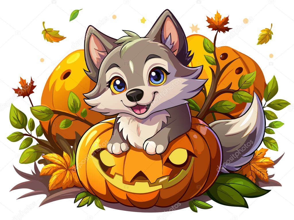 Cute wolf pup in a Halloween-themed setting with carved pumpkins and autumn leaves. Concept of festive animal art, seasonal illustration, and holiday celebration. Print, design element.