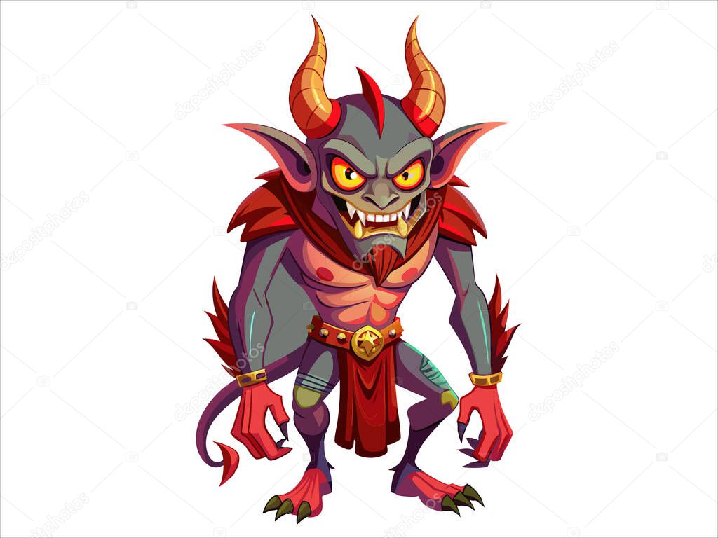 Devil isolated on a white background. Demonic creature with horns. Concept of monster art, fantasy character, evil spirit, digital artwork. Print, design, vector graphic.