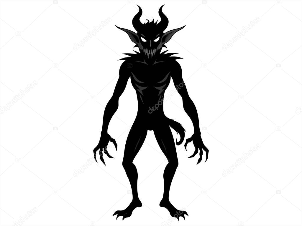 Black silhouette of devil isolated on a white background. Demonic creature with horns. Concept of folklore monster, fantasy character, monster art, evil spirit, spooky icon. Print, design element.