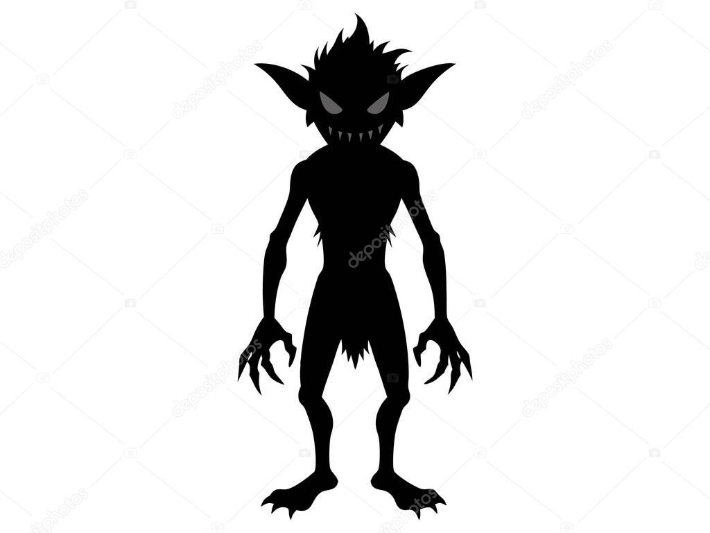 Black silhouette of a goblin isolated on a white background. Concept of Halloween, mythical creature, troll, fantasy character, eerie illustration, design art.