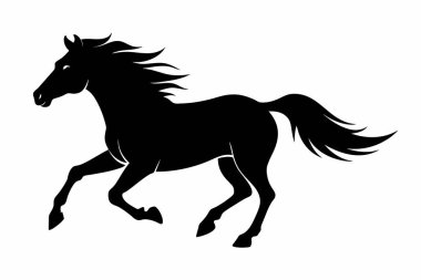 Beyaz arka planda izole edilmiş koşan bir atın siyah silueti. Vahşi hayvan çizimi kavramı, minimalist stil, dörtnala koşan at. Tasarım için yazdır, simge, logo, şablon, element