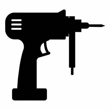 Beyaz arka planda izole edilmiş çekiç matkabı silueti. İnşaat ve endüstriyel tasarım için güçlü elektrikli alet çizimi. Tasarım için baskı, simge, logo, şablon, pictogram, grafik ögesi.