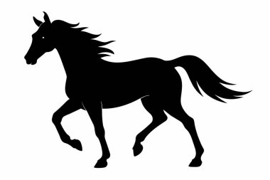 Beyaz arka planda izole edilmiş siyah bir atın silueti. Vahşi hayvan çizimi kavramı, minimalist stil, koşu atı. Tasarım için yazdır, simge, logo, şablon, element.