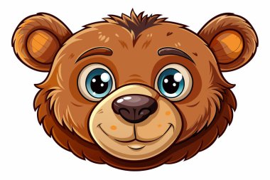Kahverengi oyuncak ayı yüzlü, büyük gözlü ve beyaz arka planda izole edilmiş bir gülümsemesi olan. Şirin peluş bebek ayı kafası. Çocuk oyuncakları, çocukluk, eğlence, oyun, oyun zamanı. Yazdırma, simge, tasarım elemanı. Grafik sanatı