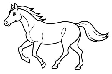 Beyaz arka planda izole edilmiş koşan bir atın siyah beyaz tasviri. Vahşi hayvan tasviri kavramı, minimalist tarzda. Tasarım için yazdır, simge, logo, element