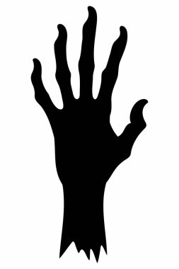 Beyaz arka planda izole edilmiş ürkütücü zombi elinin siyah silueti. Ürkütücü Zombi el çizimi. Korku kavramı, Cadılar Bayramı, ürpertici tasarım. Yazdır, simge, tasarım ögesi