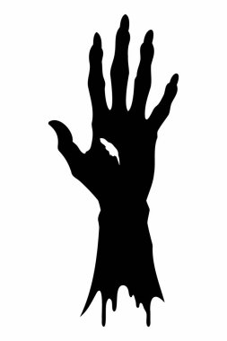 Beyaz arka planda izole edilmiş ürkütücü zombi elinin siyah silueti. Ürkütücü Zombi el çizimi. Korku kavramı, Cadılar Bayramı, ürpertici tasarım. Yazdır, simge, tasarım ögesi