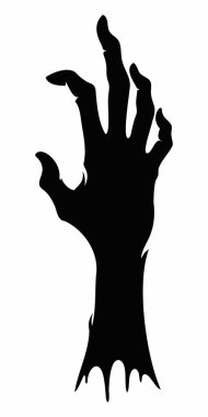 Beyaz arka planda izole edilmiş ürkütücü zombi elinin siyah silueti. Ürkütücü Zombi el çizimi. Korku kavramı, Cadılar Bayramı, ürpertici tasarım. Yazdır, simge, tasarım ögesi
