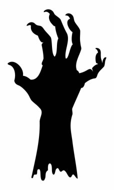 Beyaz arka planda izole edilmiş ürkütücü zombi elinin siyah silueti. Ürkütücü canavar el çizimi. Korku kavramı, Cadılar Bayramı, ürpertici tasarım. Yazdırma, simge, tasarım elemanı. Grafik sanatı