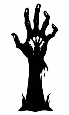 Beyaz arka planda izole bir şekilde yerden yükselen bir zombi elinin siyah silueti. Ürkütücü Zombi el çizimi. Korku kavramı, Cadılar Bayramı, ürpertici tasarım. Yazdır, simge, tasarım ögesi