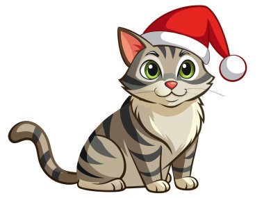 Beyaz arka planda izole edilmiş Noel Baba şapkalı şirin kedi. Şen şakrak giyinmiş sevimli kedi yavrusu. Tatil hayvanları, Noel hayvanı, festival sezonu. Yazdırma, logo, tasarım elemanı. Grafik sanatı