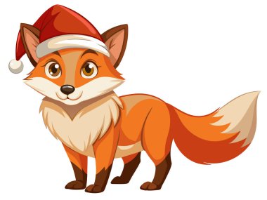 Noel Baba şapkalı şirin tilki beyaz arka planda izole edilmiş. Şen şakrak giyinmiş sevimli küçük tilki. Tatil hayvanları, Noel hayvanları, festival sezonu. Yazdırma, logo, tasarım elemanı. Grafiksel