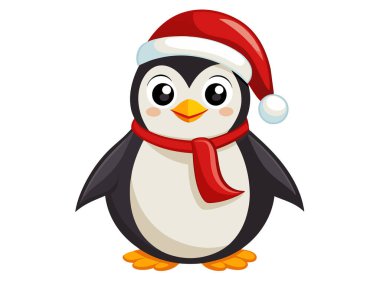 Noel Baba şapkalı şirin penguen beyaz arka planda izole edilmiş. Şen şakrak giyinmiş sevimli küçük penguen. Tatil hayvanları, Noel hayvanları, festival sezonu. Yazdır, logo, tasarım ögesi