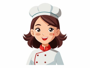 Beyaz şapkalı ve aşçı üniformalı genç Asyalı kadın şef, beyaz arka planda izole edilmiş. Mutlu kadın aşçı. Yemek pişirme, mutfak ve mutfak sanatı kavramı. Yazdır, logo, tasarım ögesi