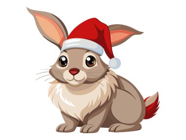Noel Baba şapkalı sevimli tavşan beyaz arka planda izole edilmiş. Şen şakrak giyinmiş tavşan. Tatil hayvanları, Noel hayvanları, festival sezonu. Yazdır, logo, tasarım ögesi