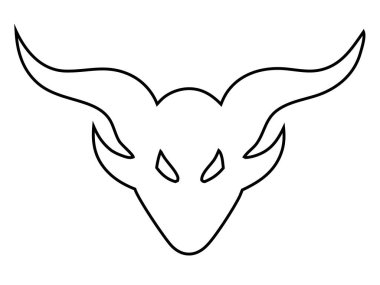 Beyaz bir arka planda izole edilmiş siyah bir yüz çizgisi. Boynuzlu şeytan kafası. Cadılar Bayramı kavramı, canavar, fantezi, minimalist tarz, vahşi, kötü. Yazdır, simge, tasarım ögesi
