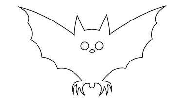 Beyaz arka planda izole edilmiş kanatları olan siyah yarasa çizgisi. Cadılar Bayramı sembolü kavramı, gece yaratığı, minimalist stil, vampir yarasa. Yazdırma, simge, tasarım ögesi, renklendirme sayfası