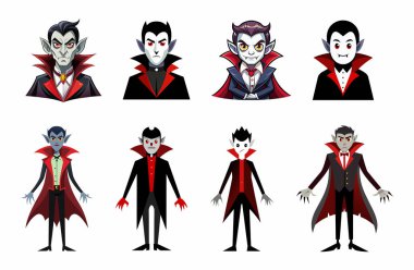 Kırmızı pelerinli ve sivri dişli bir dizi vampir beyaz arka planda izole edilmiş. Drakula kostümlü Cadılar Bayramı karakterleri. Kavram: Ürkütücü, dehşet verici. Yazdırma, tasarım ögeleri, klip sanatı