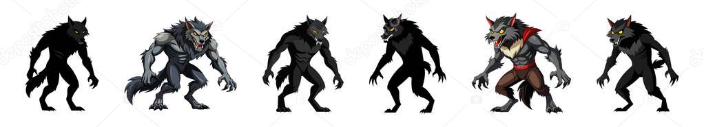Set of cartoon werewolves isolated on a white background. Concept of Halloween character, mythical creature, monster, horror, fantasy, nightmare. Print, design element, illustration